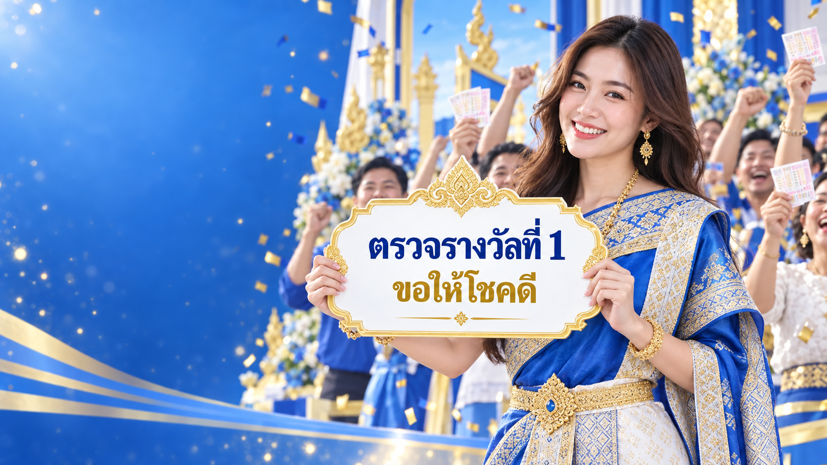 นางแบบชุดไทยถือป้ายตรวจรางวัลที่ 1 พร้อมผู้โชคดี
