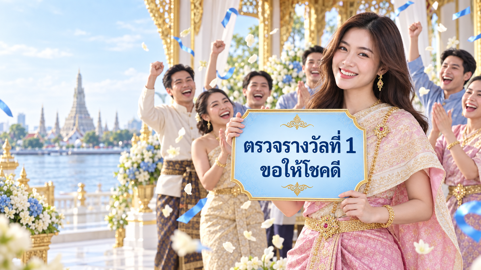 นางแบบชุดไทยถือป้ายตรวจรางวัลที่ 1 พร้อมผู้โชคดี