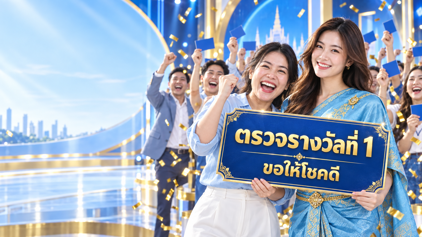 นางแบบชุดไทยถือป้ายตรวจรางวัลที่ 1 พร้อมผู้โชคดี