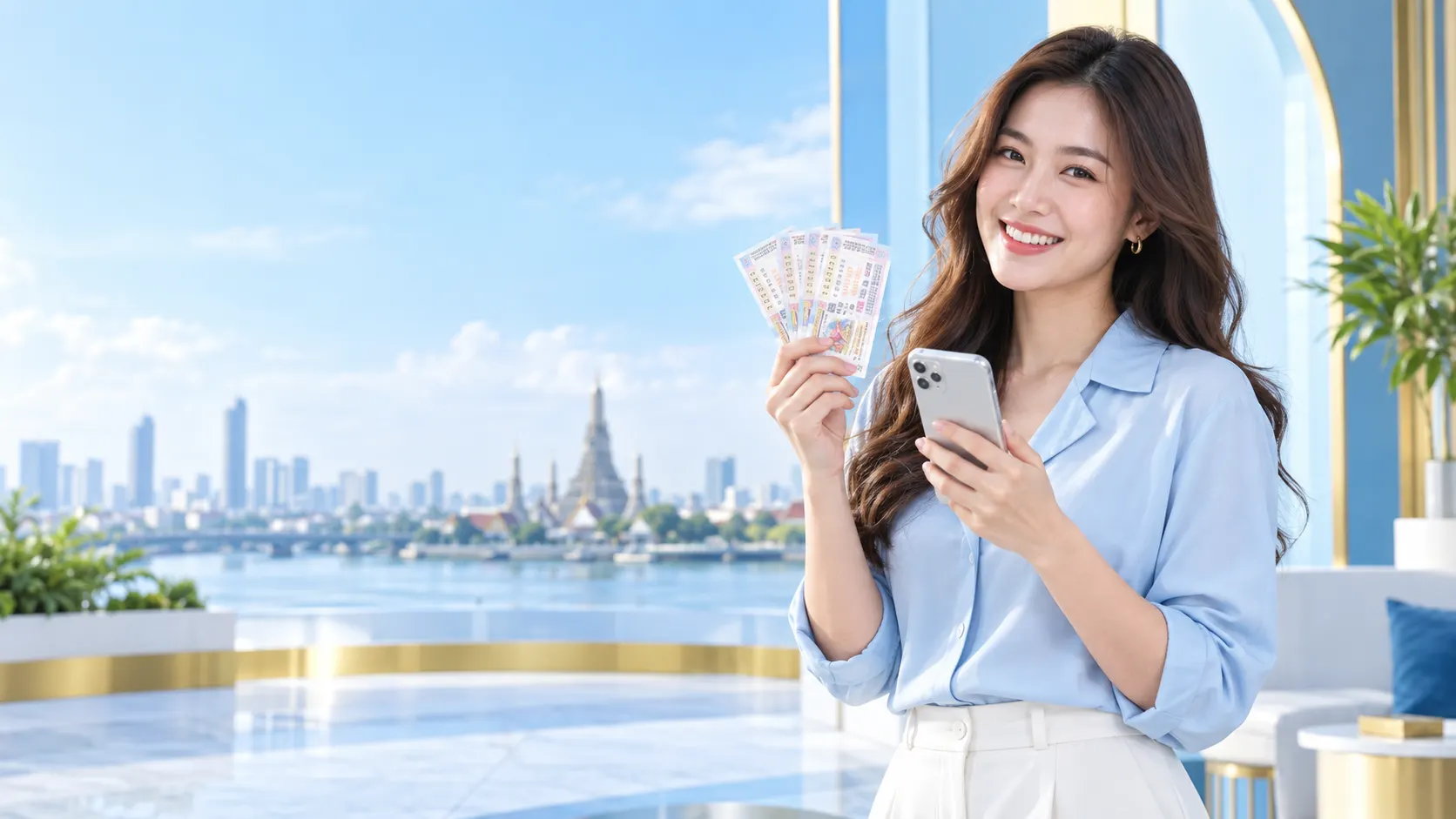สาวไทยกำลังใช้โทรศัพท์ตรวจสลากหลายใบ