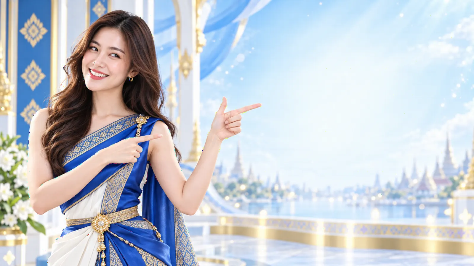 นางแบบชุดไทยกำลังชี้ไปที่เครื่องสุ่มเลขนำโชค