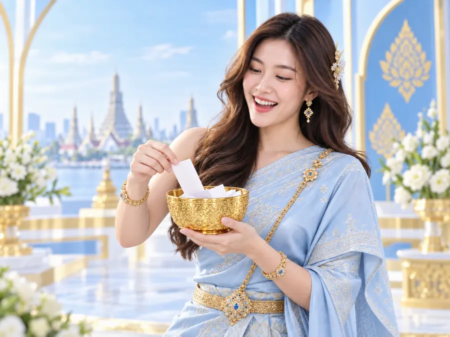 เจ้าแม่เลขเด็ดน่ารักกำลังหยิบเลขนำโชคจากขันทอง